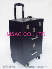Professional Makeup Cases On Wheels , Black Pu Leather Cosmetic Trolley Case