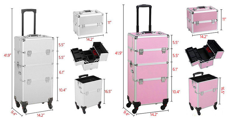 2 In 1 Aluminum Makeup Trolley Case Pink Color On Wheels