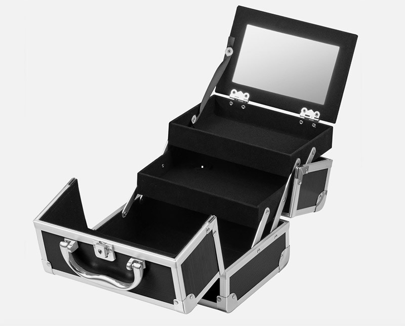 Custom Aluminium Cosmetic Case Black Leather Lining Inside Makeup Vanity Box for 250 X 180 X 230mm