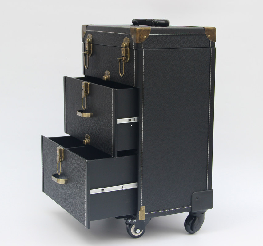 PU Leather Lockable Pro Makeup Case With Wheels And Two Drawers For Storage