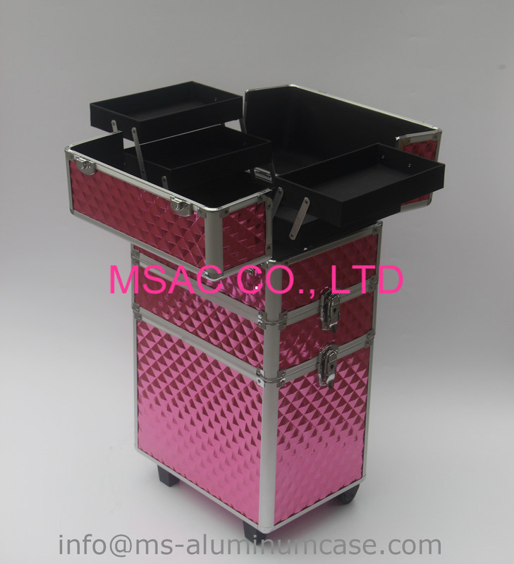 Three Layers Aluminum Makeup Trolley Case With Pink Color
