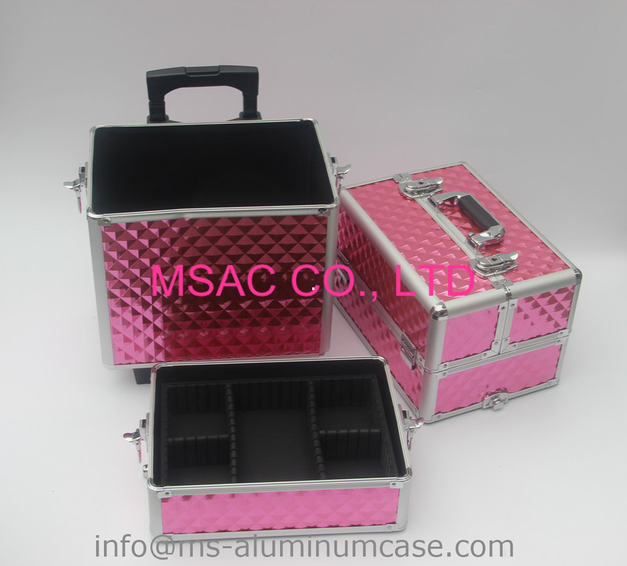 Three Layers Aluminum Makeup Trolley Case With Pink Color