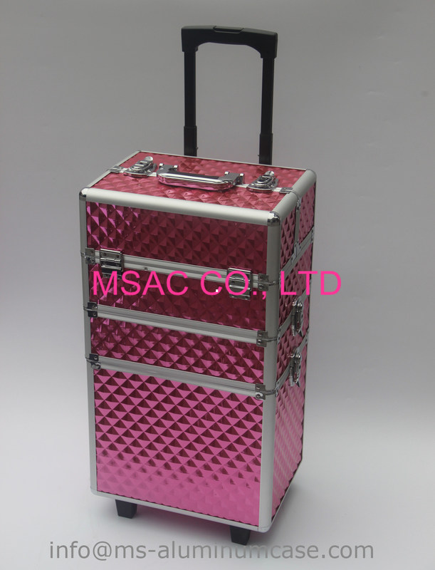 Three Layers Aluminum Makeup Trolley Case With Pink Color
