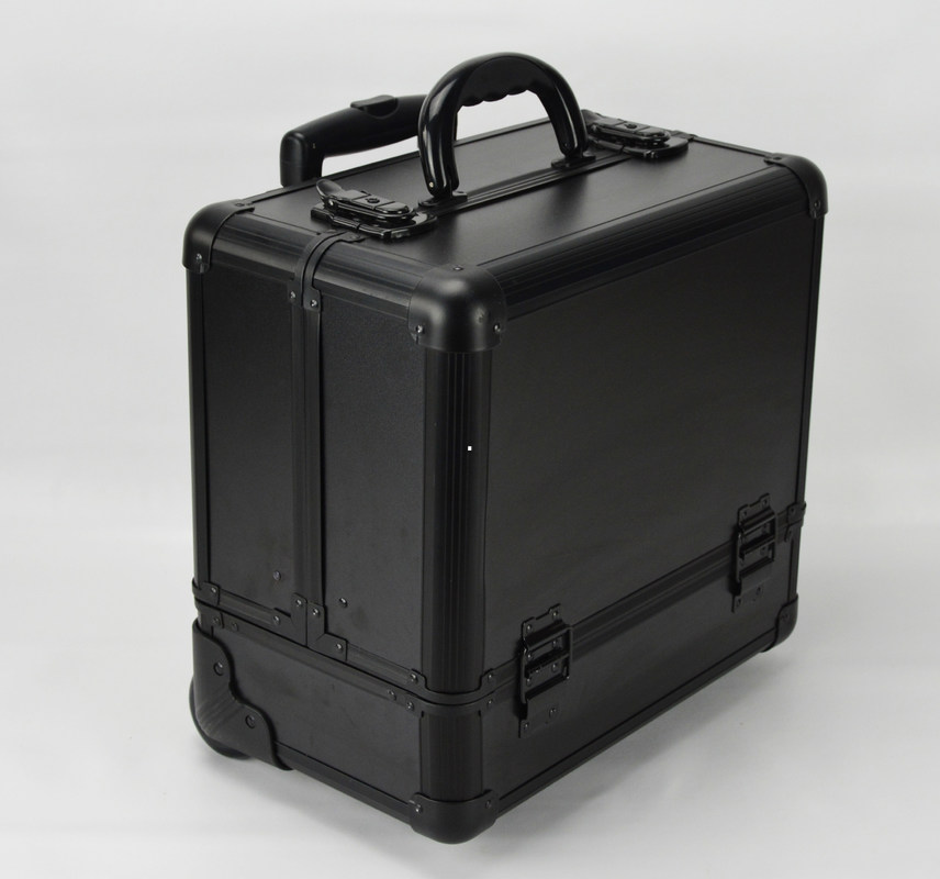 Black Small Rolling Makeup Trolley Case Size 360 * 250 * 360mm / Aluminum Pro Makeup Box