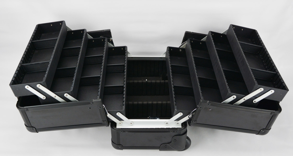 Black Small Rolling Makeup Trolley Case Size 360 * 250 * 360mm / Aluminum Pro Makeup Box