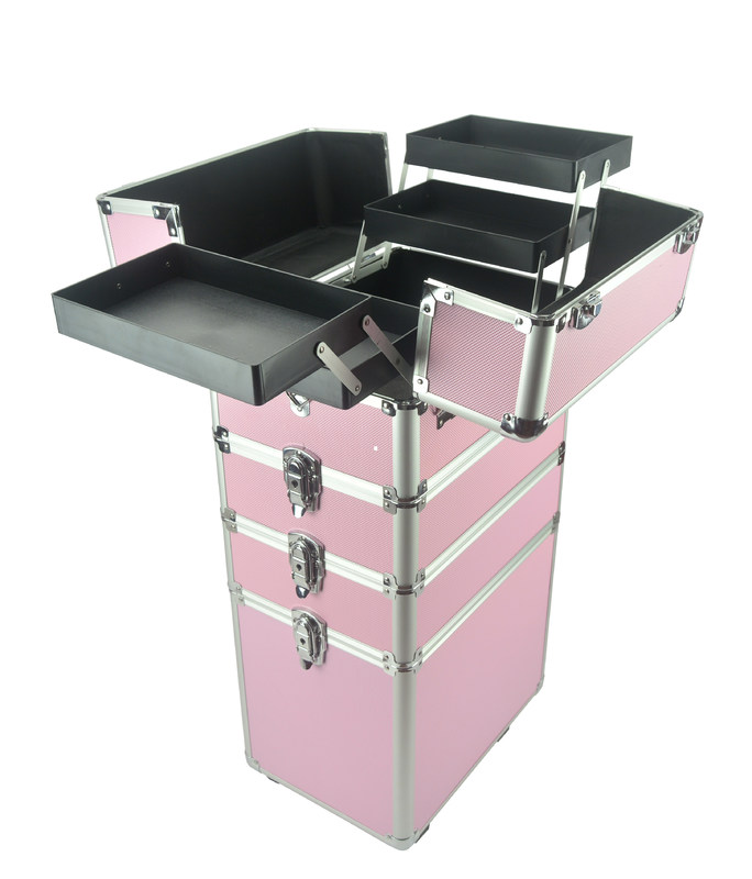 4 In 1 Aluminum Makeup Trolley Case In Pink Color Pink Pro Makeup Trolley Case