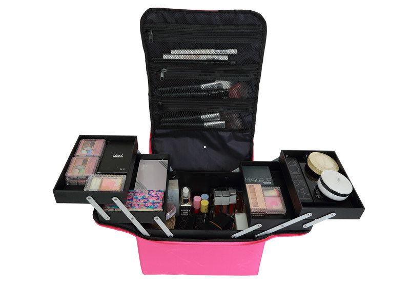 Soft Fabric Makeup Train Case With Shoulder Strap Pro Makeup Cosmetic Case Large Base Compartment