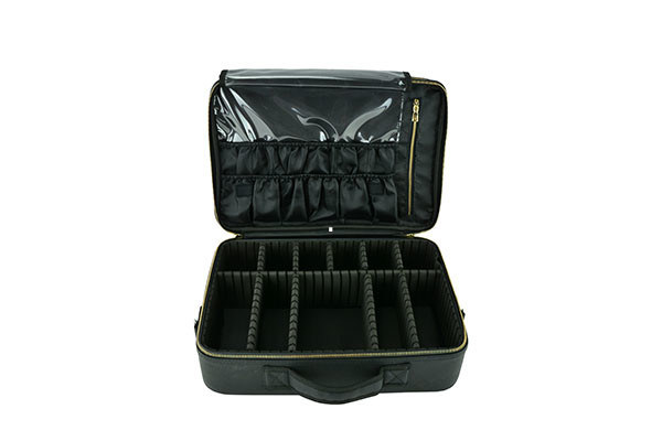 PU Beauty Case With Zipper Black Leather Makeup Bag Waterproof Cosmetic Bag For Artists