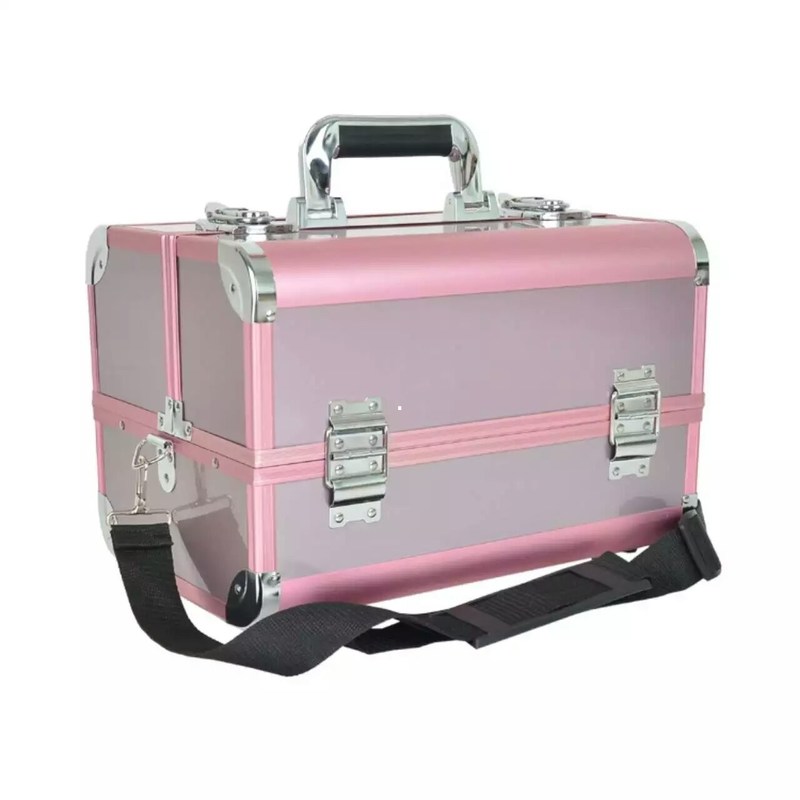Portable Aluminum Beauty Case With Shoulder Strap, Plastic Trays Inside Aluminum Makeup Case To Storage Toiletry Artist