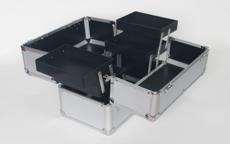 Silver Aluminum Cosmetic Train Box Double Open Aluminum Makeup Case For Artist With Tray