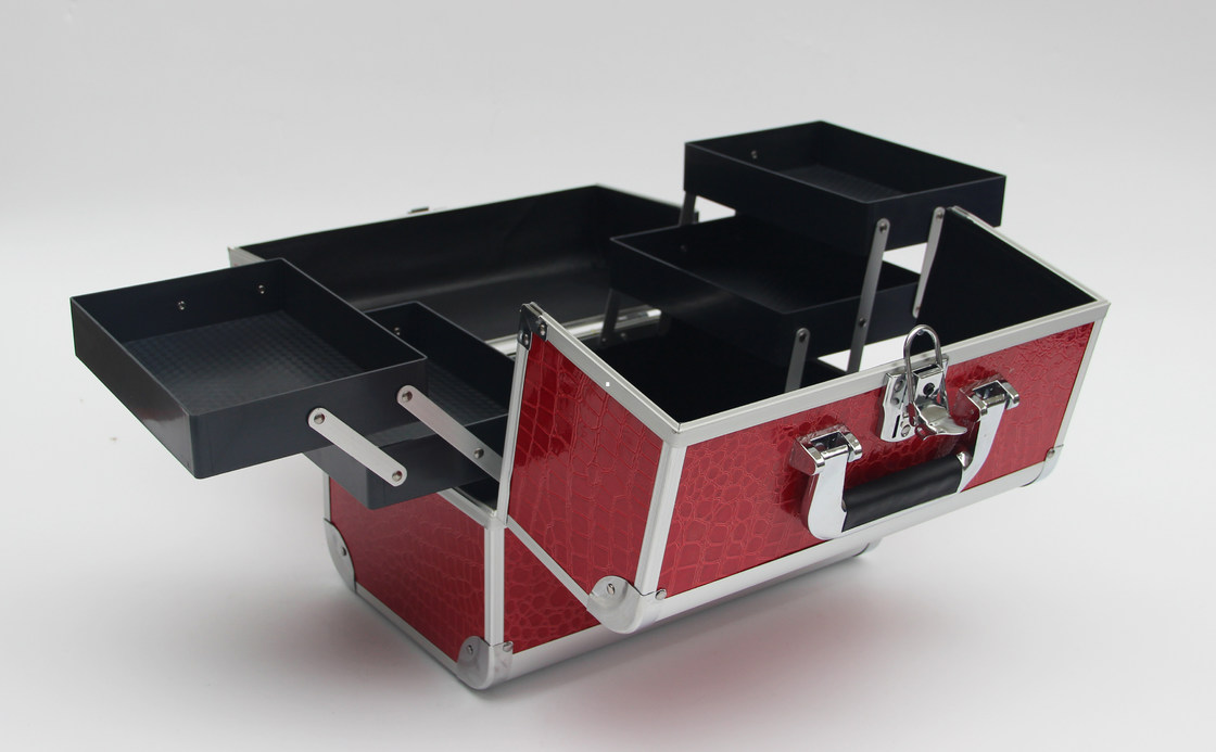 PU Aluminum Cosmetic Case Carry Cosmetics And Tools Red Leather Panel With One Lock