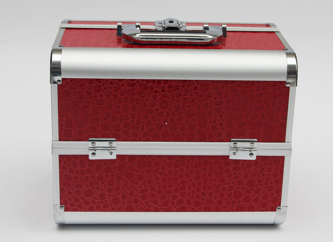 PU Aluminum Cosmetic Case Carry Cosmetics And Tools Red Leather Panel With One Lock