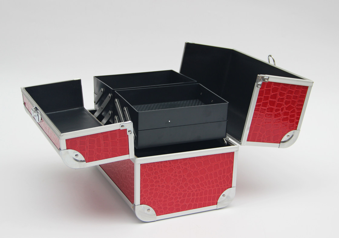 PU Aluminum Cosmetic Case Carry Cosmetics And Tools Red Leather Panel With One Lock