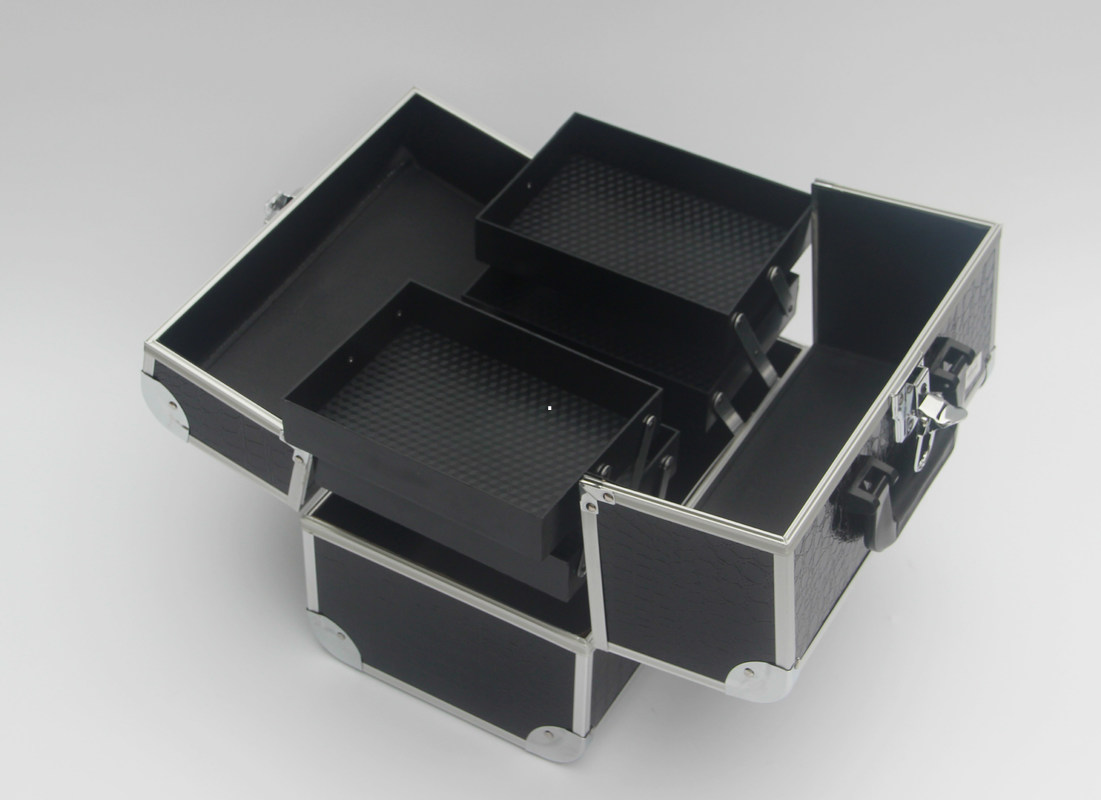Black Aluminum Makeup Train Box PU Panel Cosmetic Case Double Open Beauty Box For Travel