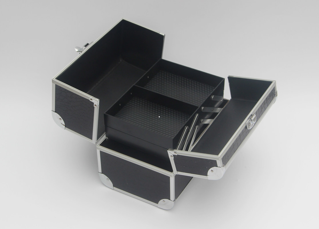 Black Aluminum Makeup Train Box PU Panel Cosmetic Case Double Open Beauty Box For Travel
