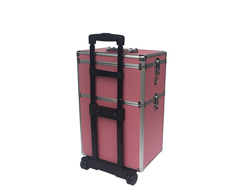 Pink Aluminum Makeup Trolley Case Rolling Aluminum Cosmetic Case