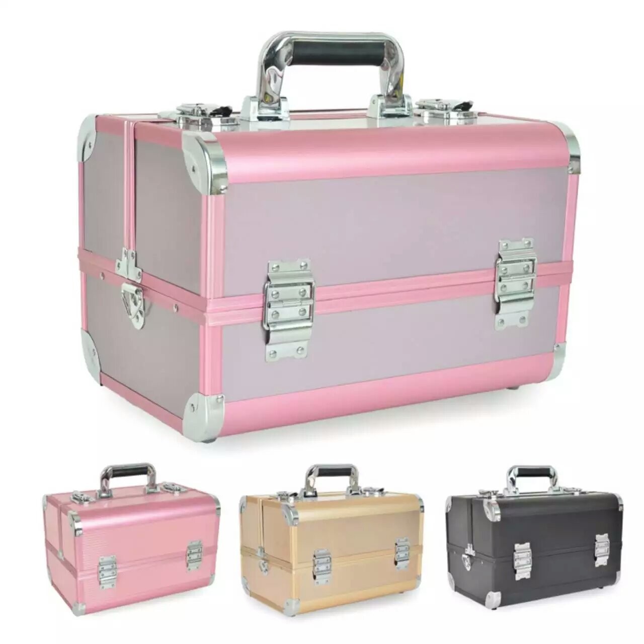 Portable Aluminum Beauty Case With Shoulder Strap, Plastic Trays Inside