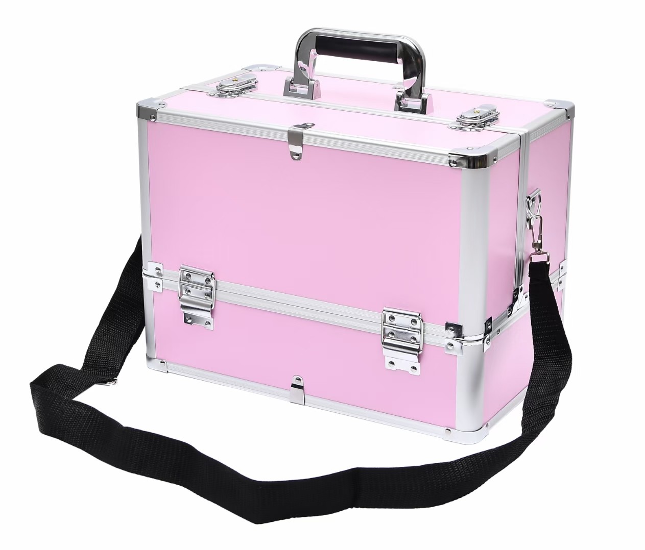 Portable pink cosmetic case alu frame ABS beauty case with shoulder strap